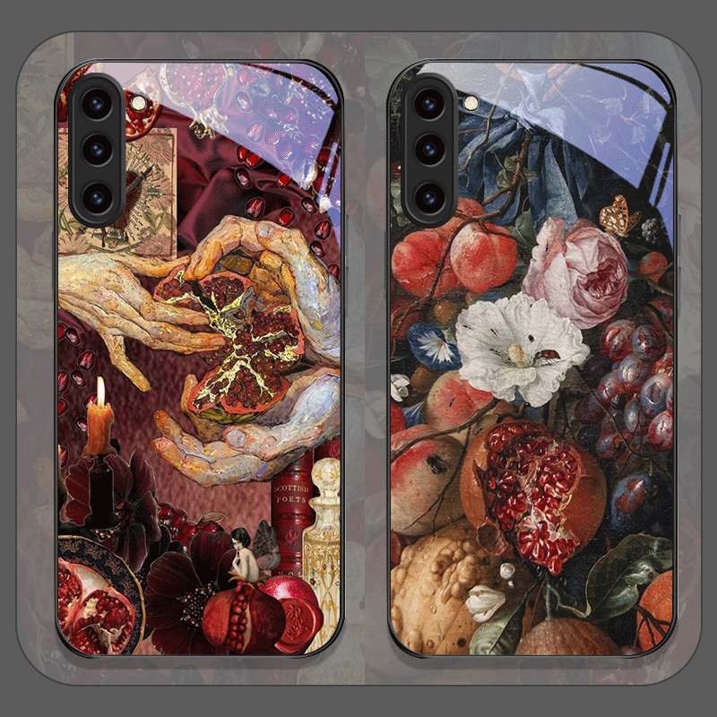 Samsung Galaxy S25 - Luxuriöse Granatapfel-Blumenmuster-Handyhülle aus gehärtetem Glas für